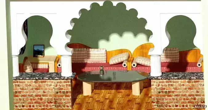 Salon living room with arches and furniture