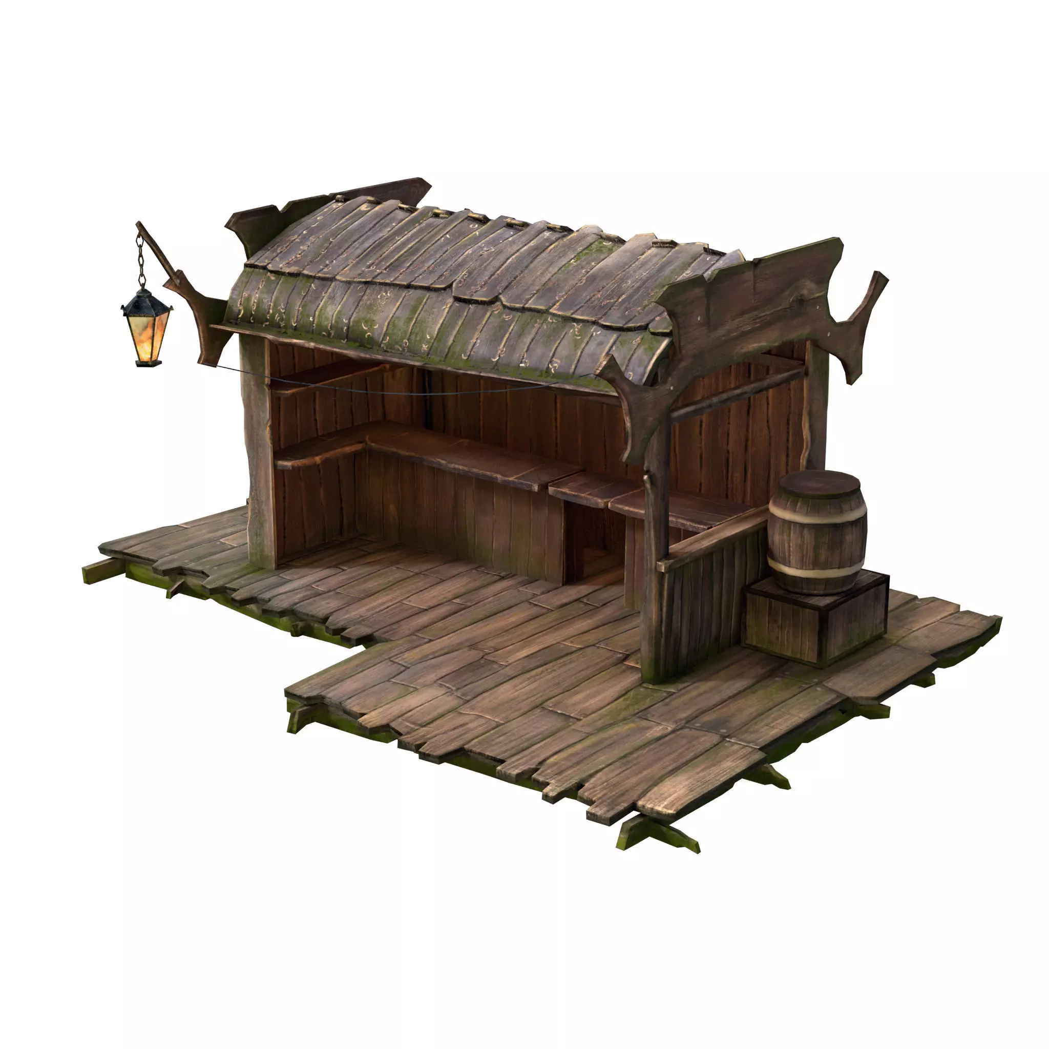 Stall wooden structure with barrel on top Low-poly 3D model_0