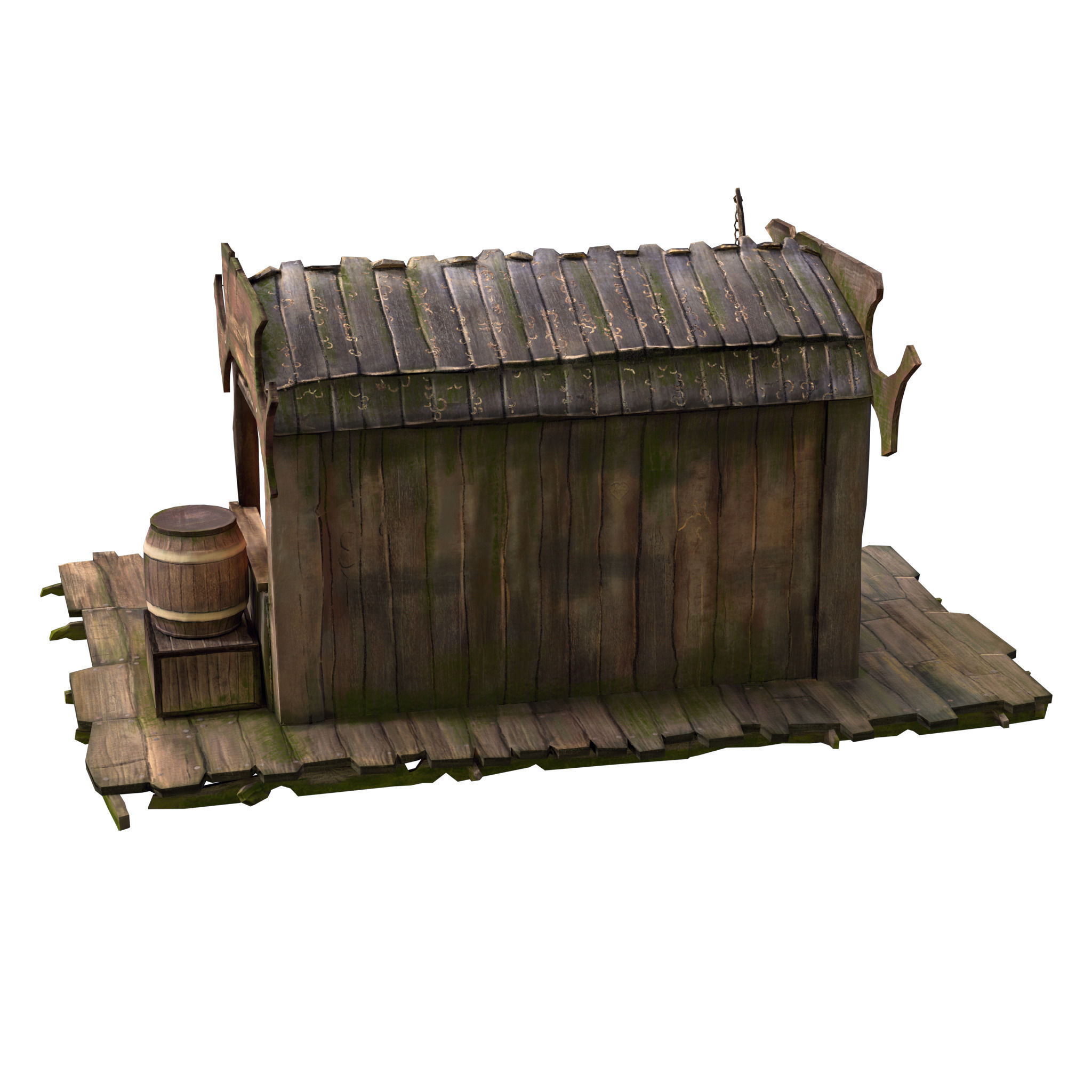 Stall wooden structure with barrel on top Low-poly 3D model_5