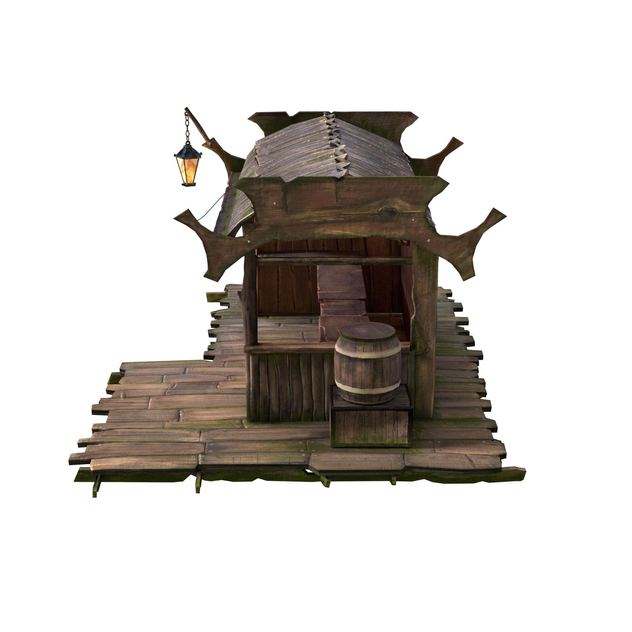 Stall wooden structure with barrel on top Low-poly 3D model_3