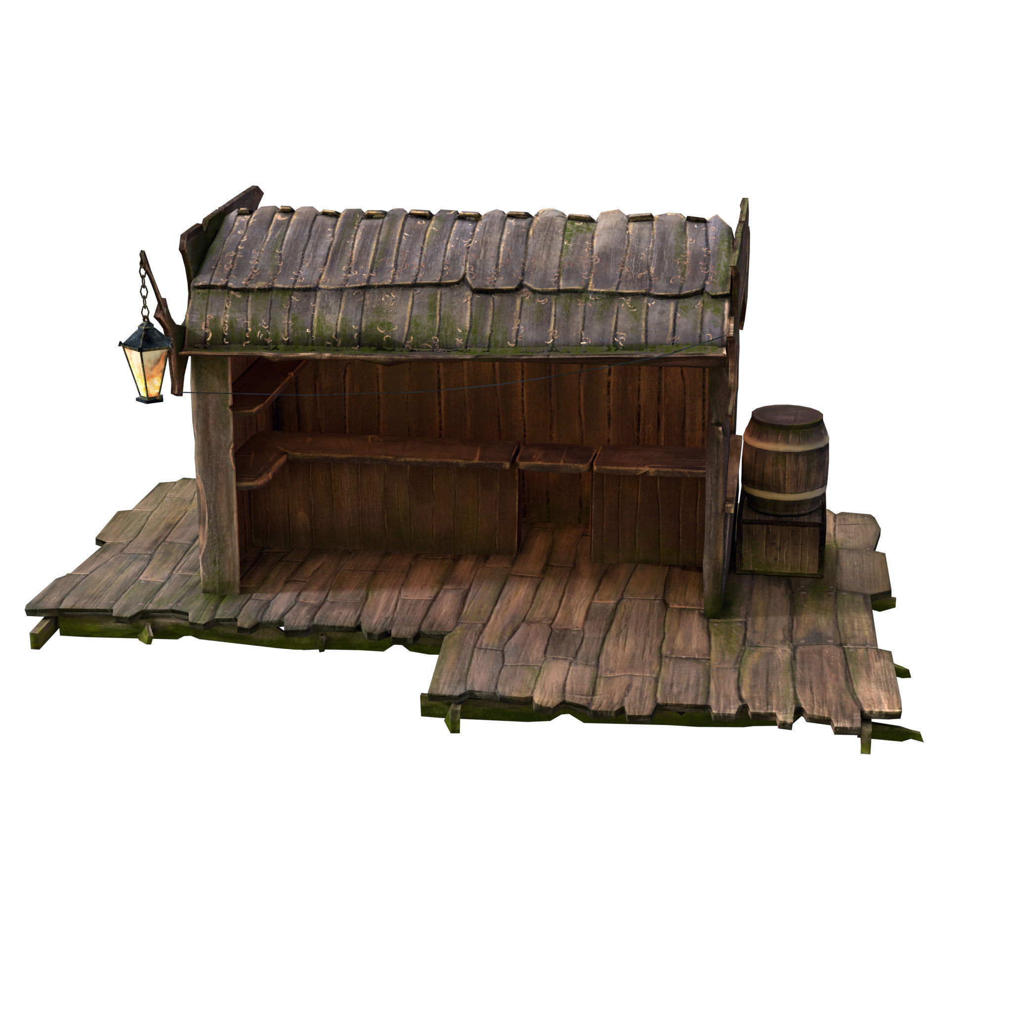 Stall wooden structure with barrel on top Low-poly 3D model_1