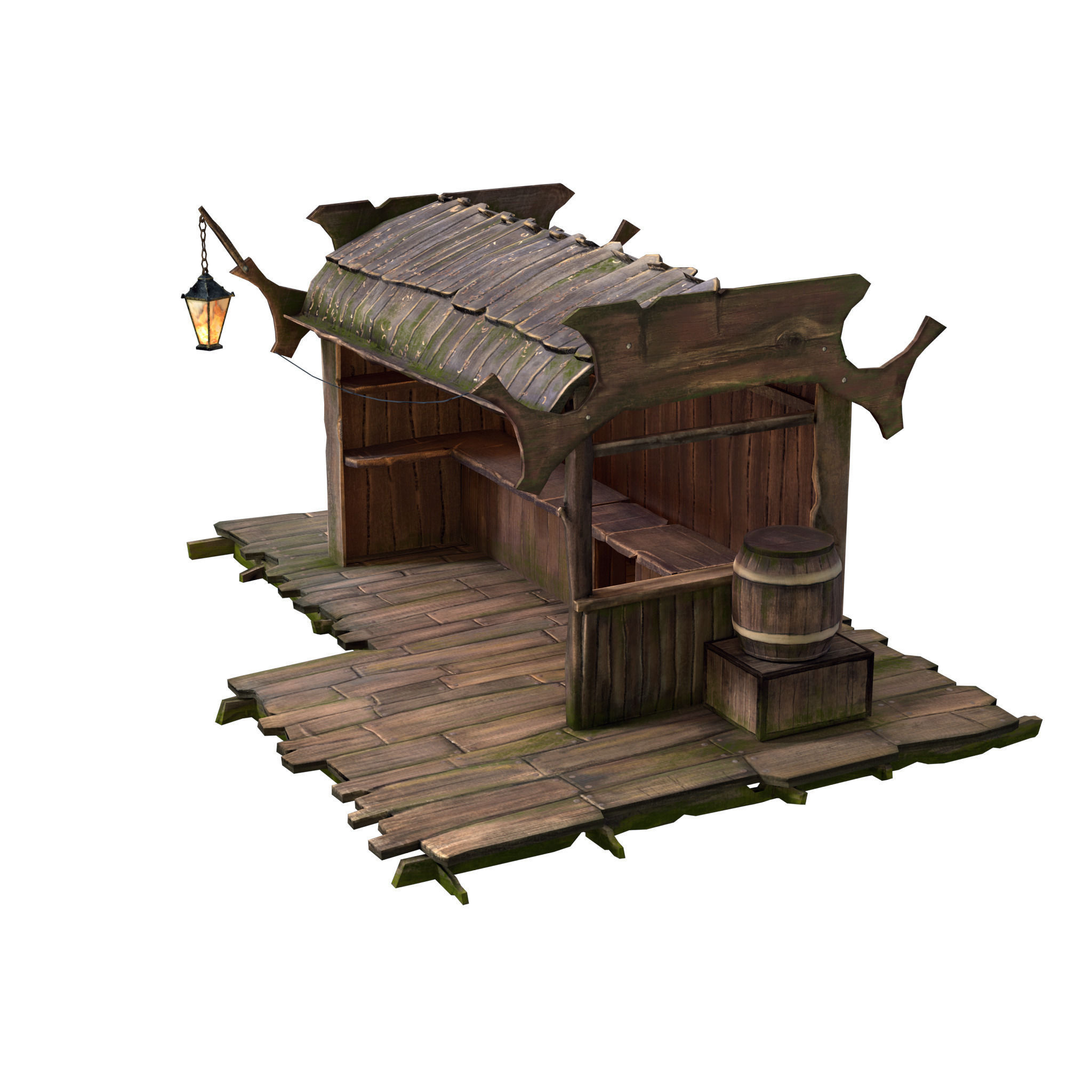 Stall wooden structure with barrel on top Low-poly 3D model_7