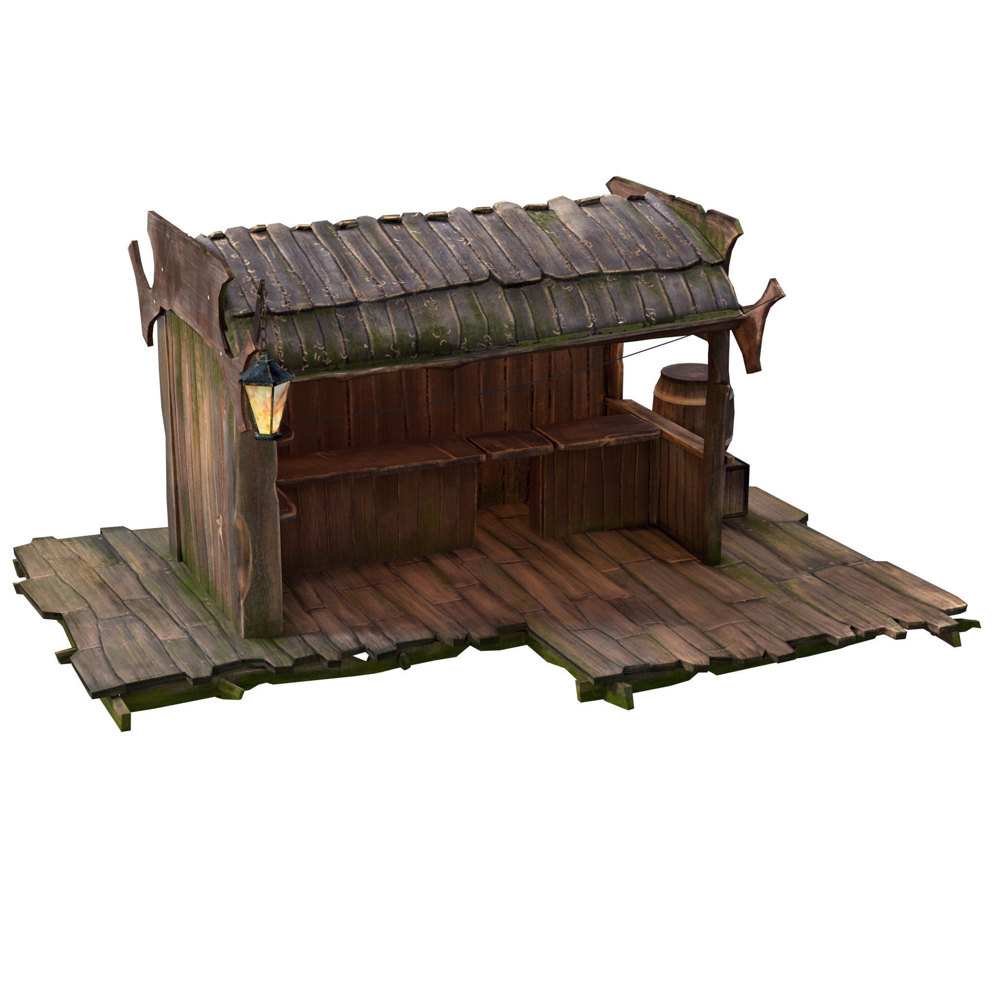 Stall wooden structure with barrel on top Low-poly 3D model_4
