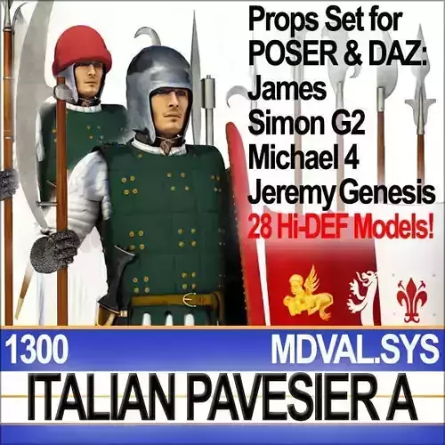Italian Pavesier Soldier Props 1300 Poser Daz 3D model