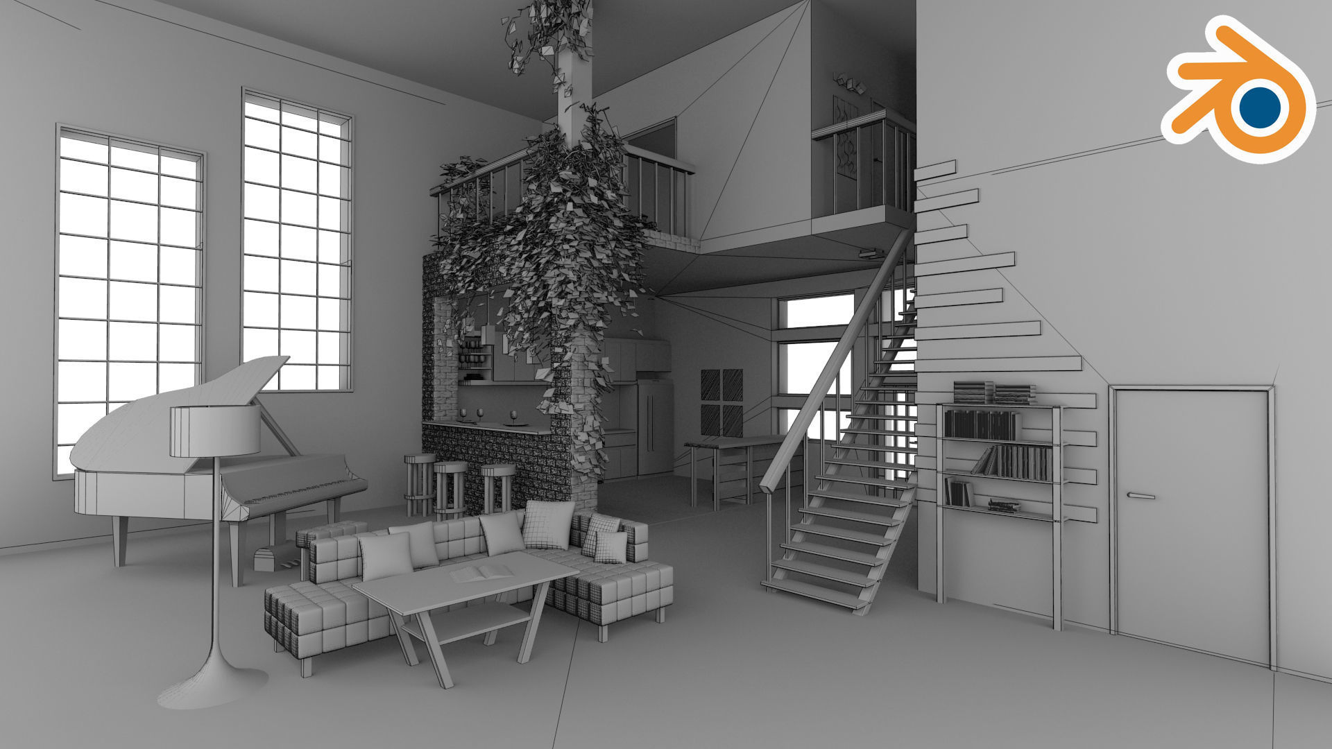 Modern loft with living room kitchen and balcony Low-poly 3D model_1