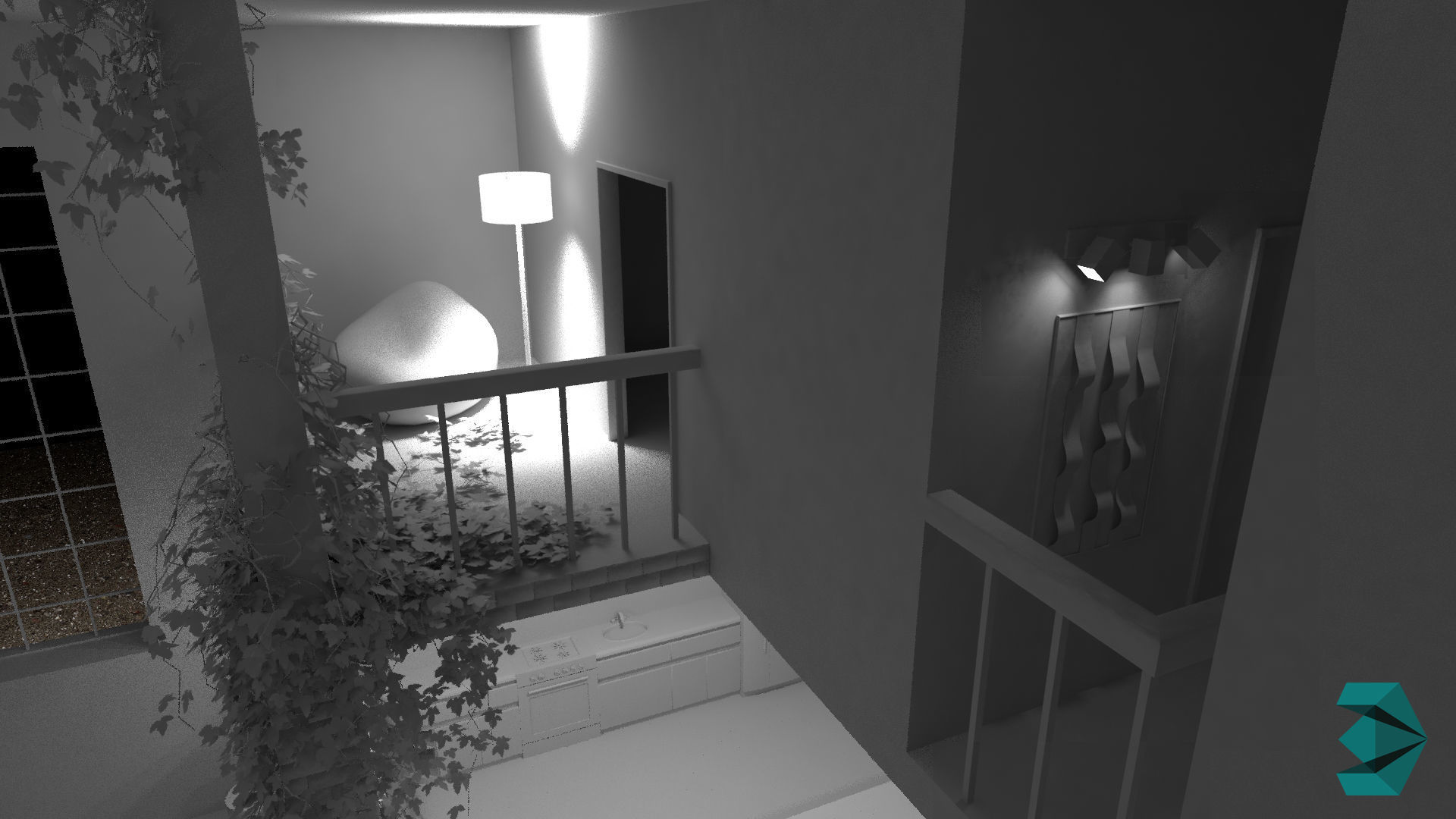 Modern loft with living room kitchen and balcony Low-poly 3D model_6