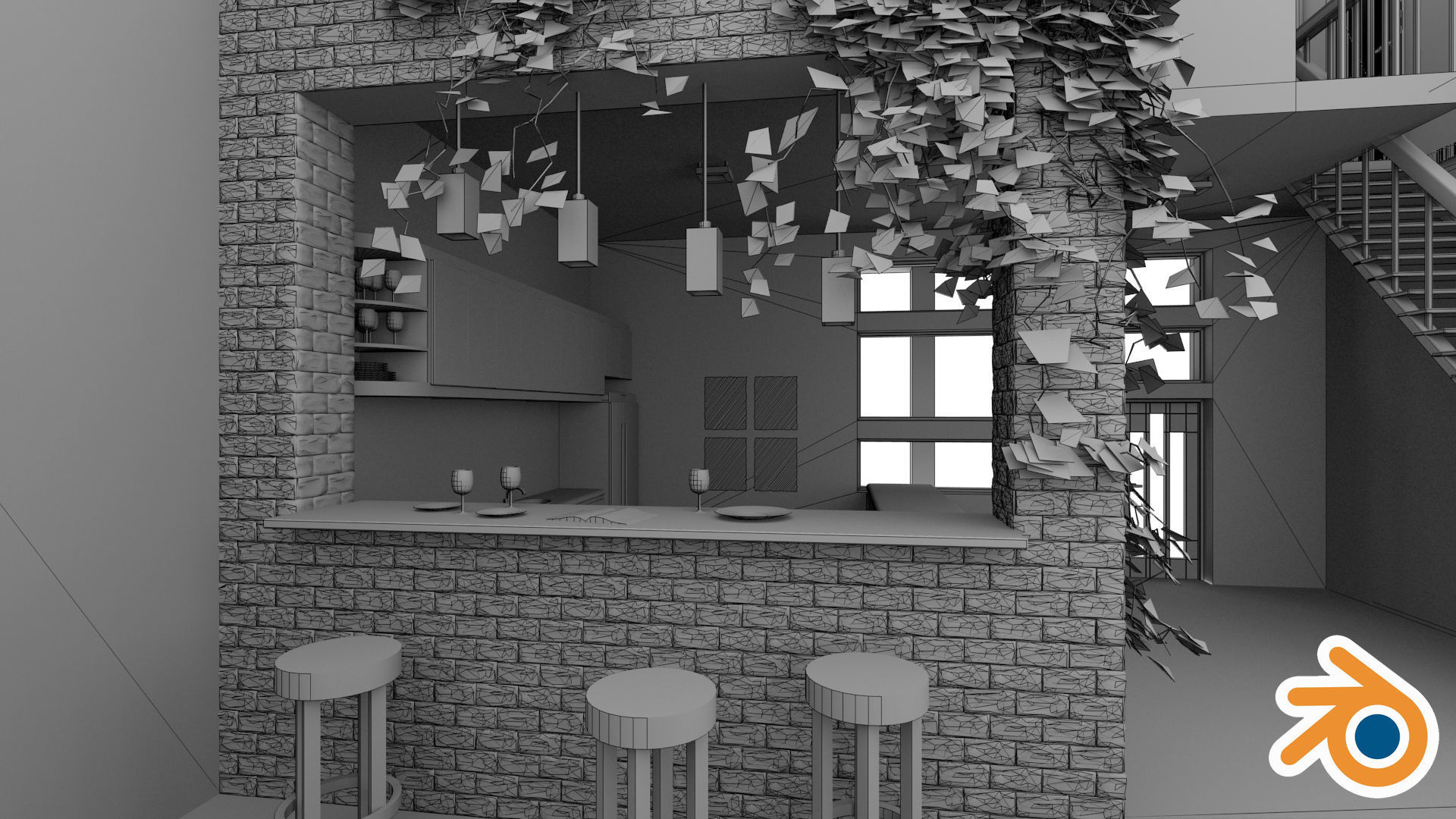 Modern loft with living room kitchen and balcony Low-poly 3D model_3