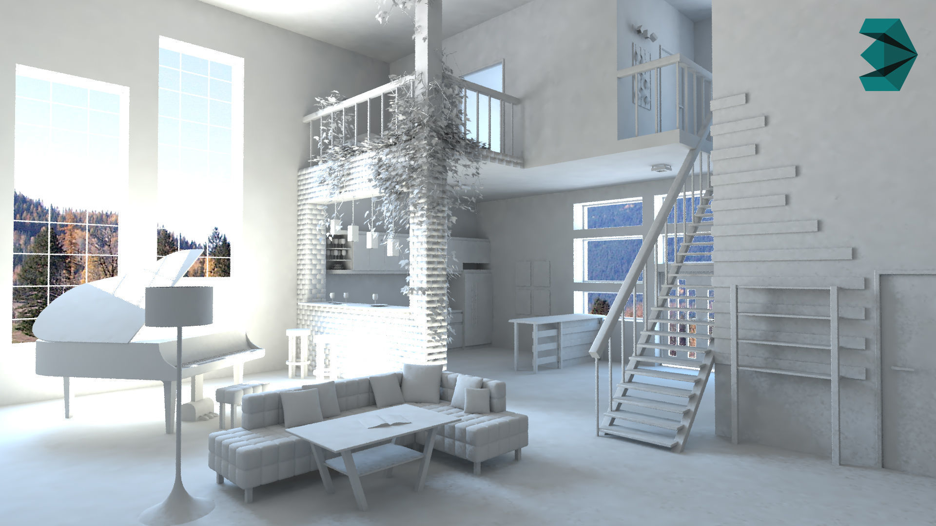 Modern loft with living room kitchen and balcony Low-poly 3D model_4