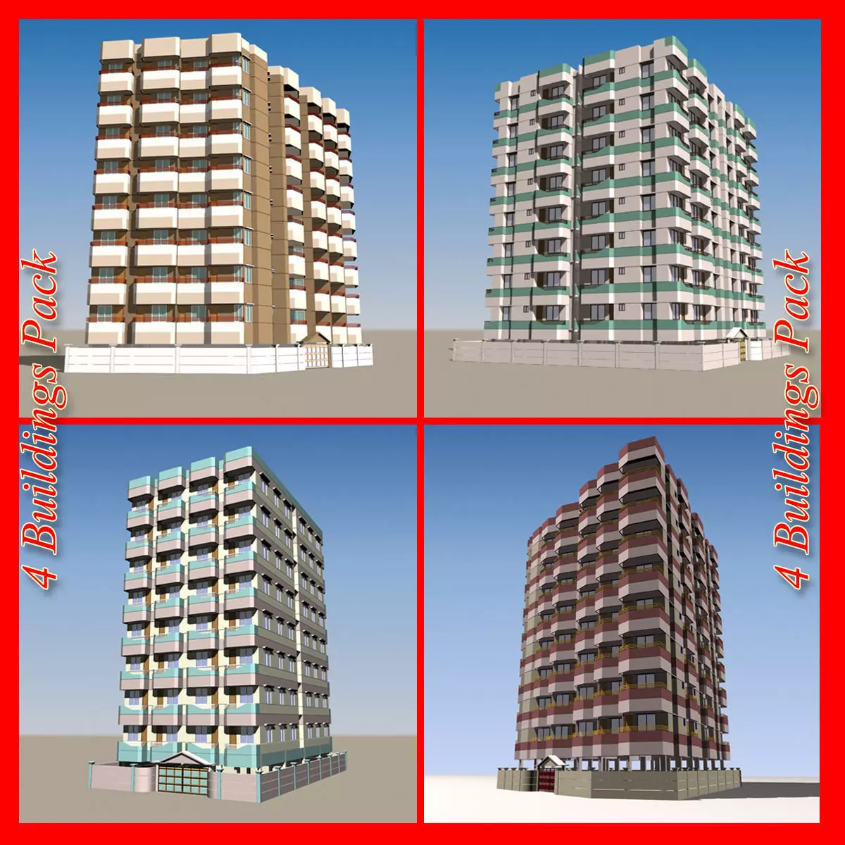 4 Apartment Buildings Pack 3D model_0
