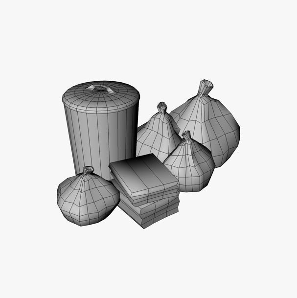 Trash Collection three cans and garbage bag Low-poly 3D model_4