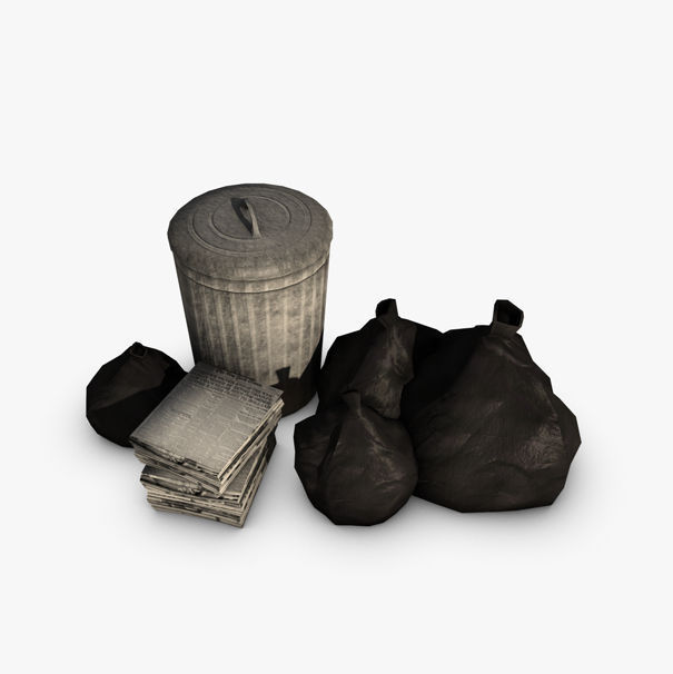 Trash Collection three cans and garbage bag Low-poly 3D model_2