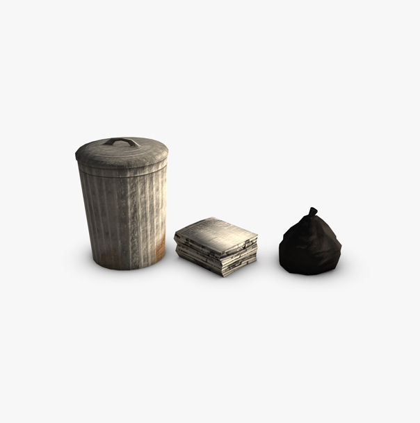 Trash Collection three cans and garbage bag Low-poly 3D model_3