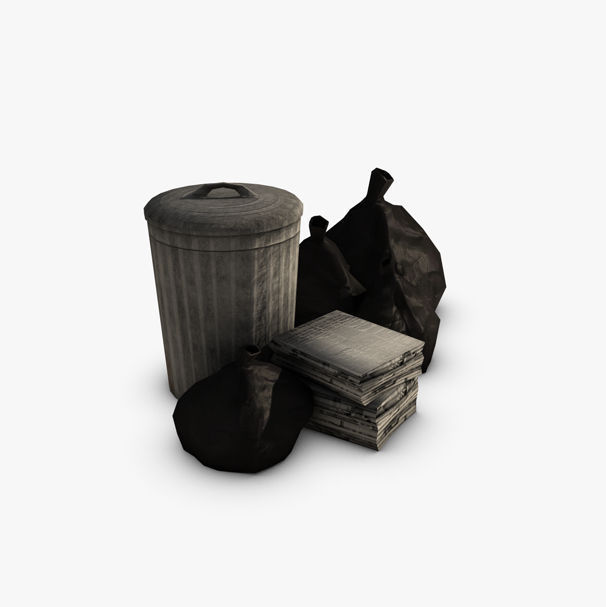 Trash Collection three cans and garbage bag Low-poly 3D model_5