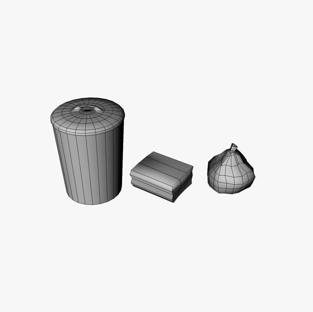 Trash Collection three cans and garbage bag Low-poly 3D model_1
