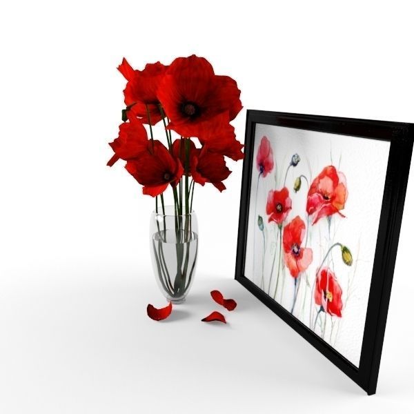 Poppy flowers in vase 3D model_1