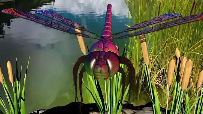 Dragonfly with river reed plants and sand plane