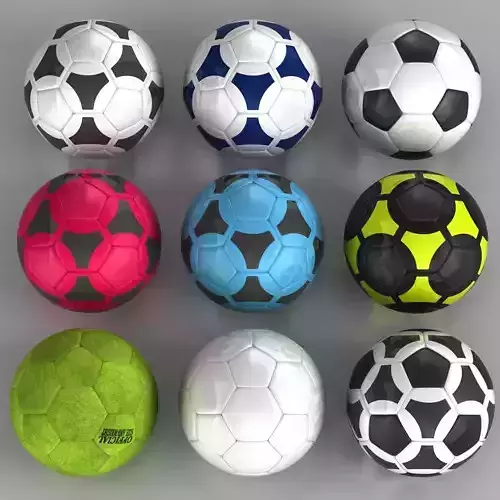 Set soccerball different colored soccer balls in row Low-poly 3D model