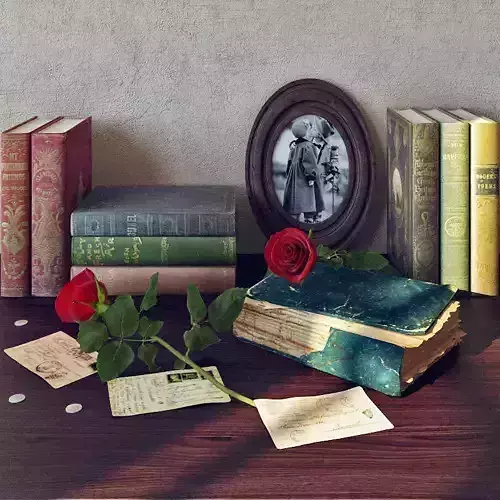 decorative set books and rose on table
