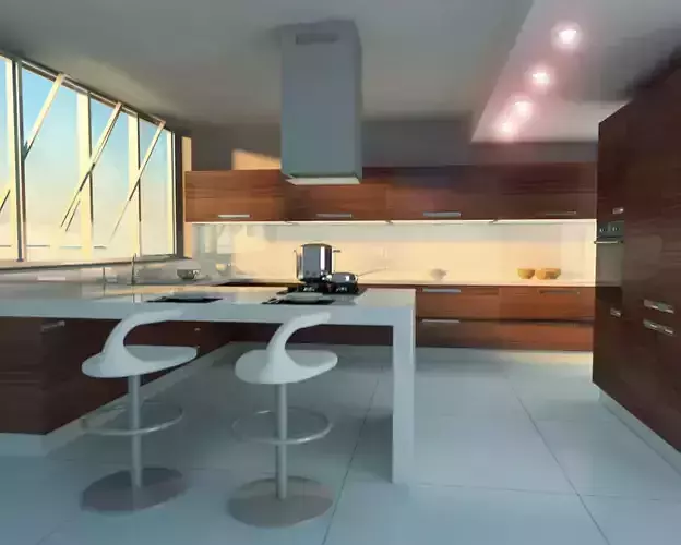 Scene 3 modern kitchen with wooden cabinets and counter tops