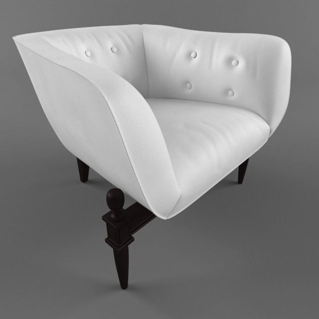 white armchair with wooden base 3D model_0