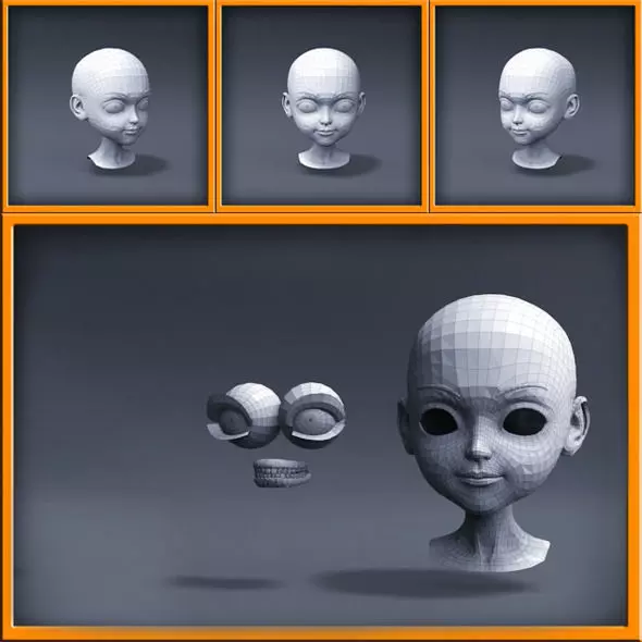 Cartoon girl head Low-poly 3D model