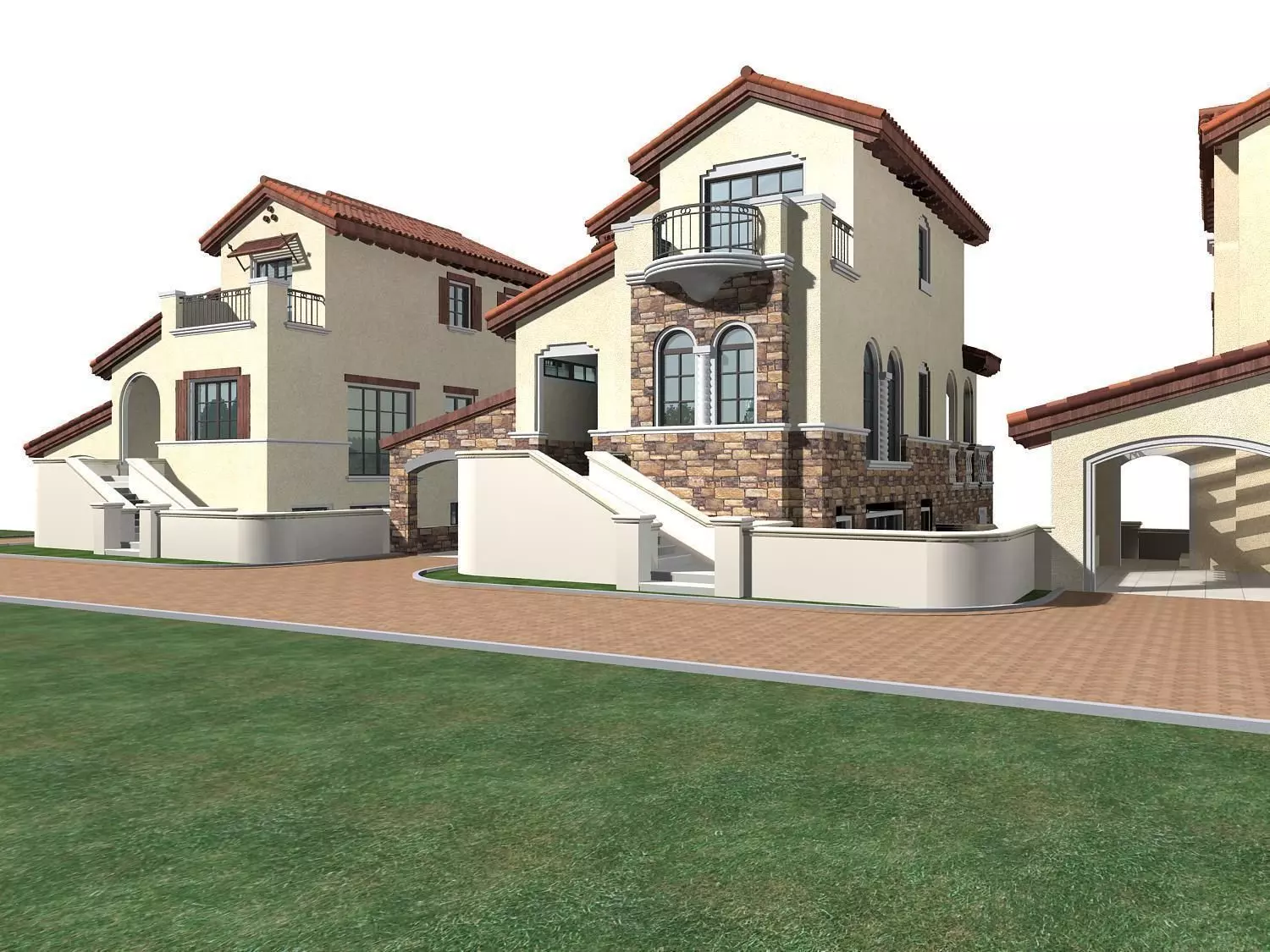 Villa three story house on lawn 3D model
