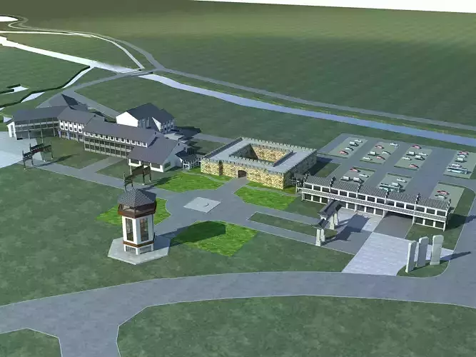 Villa campus with buildings and water tower