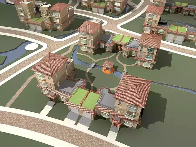 Villa residential area with houses and water feature