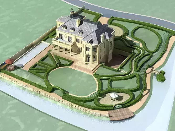 Villa mansion with garden in middle