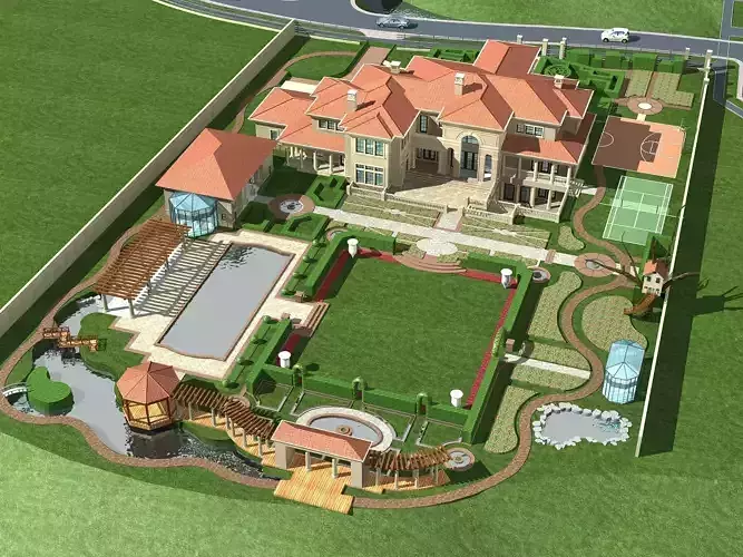 Villa mansion with swimming pool and tennis court