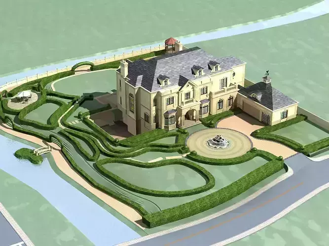 Villa mansion with garden and fountain