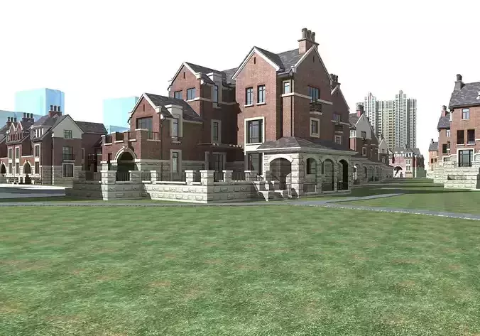 Villa brick house in middle of grassy field