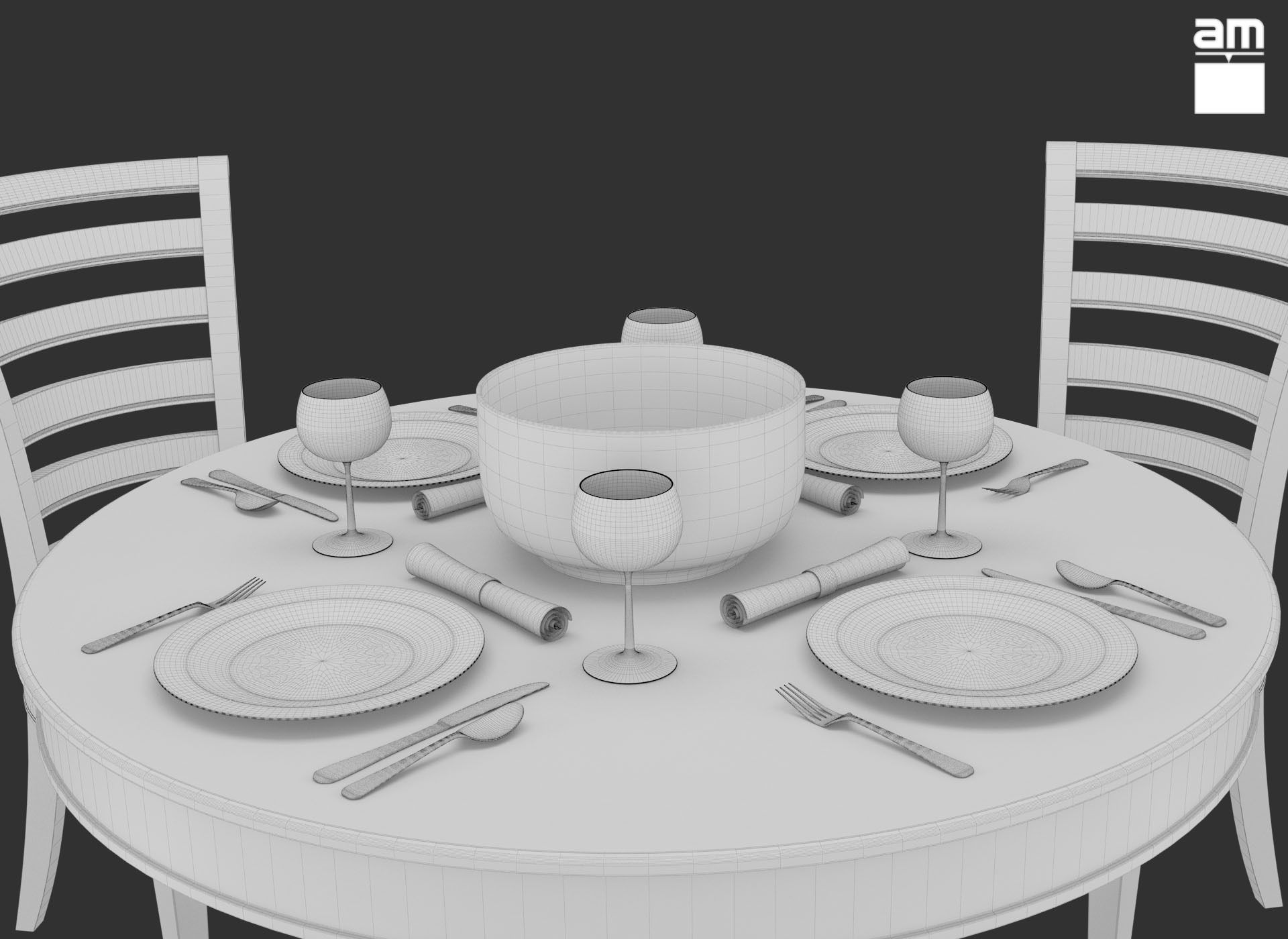 Round Table and Chair Set 3D model_9