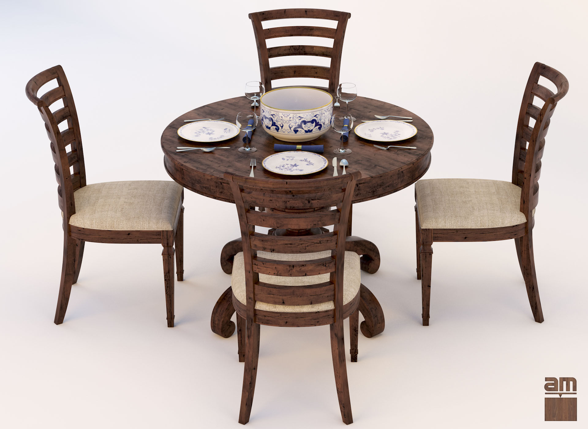 Round Table and Chair Set 3D model_2