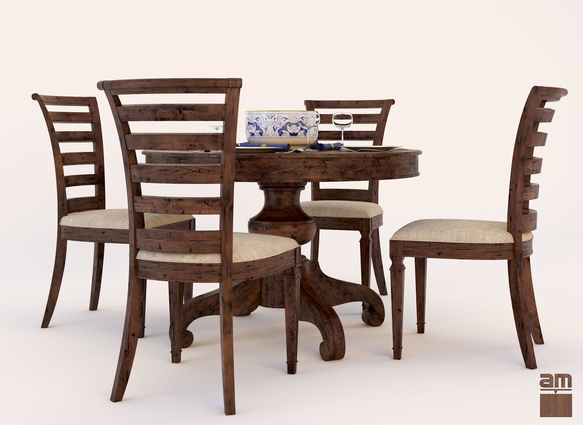 Round Table and Chair Set 3D model_1