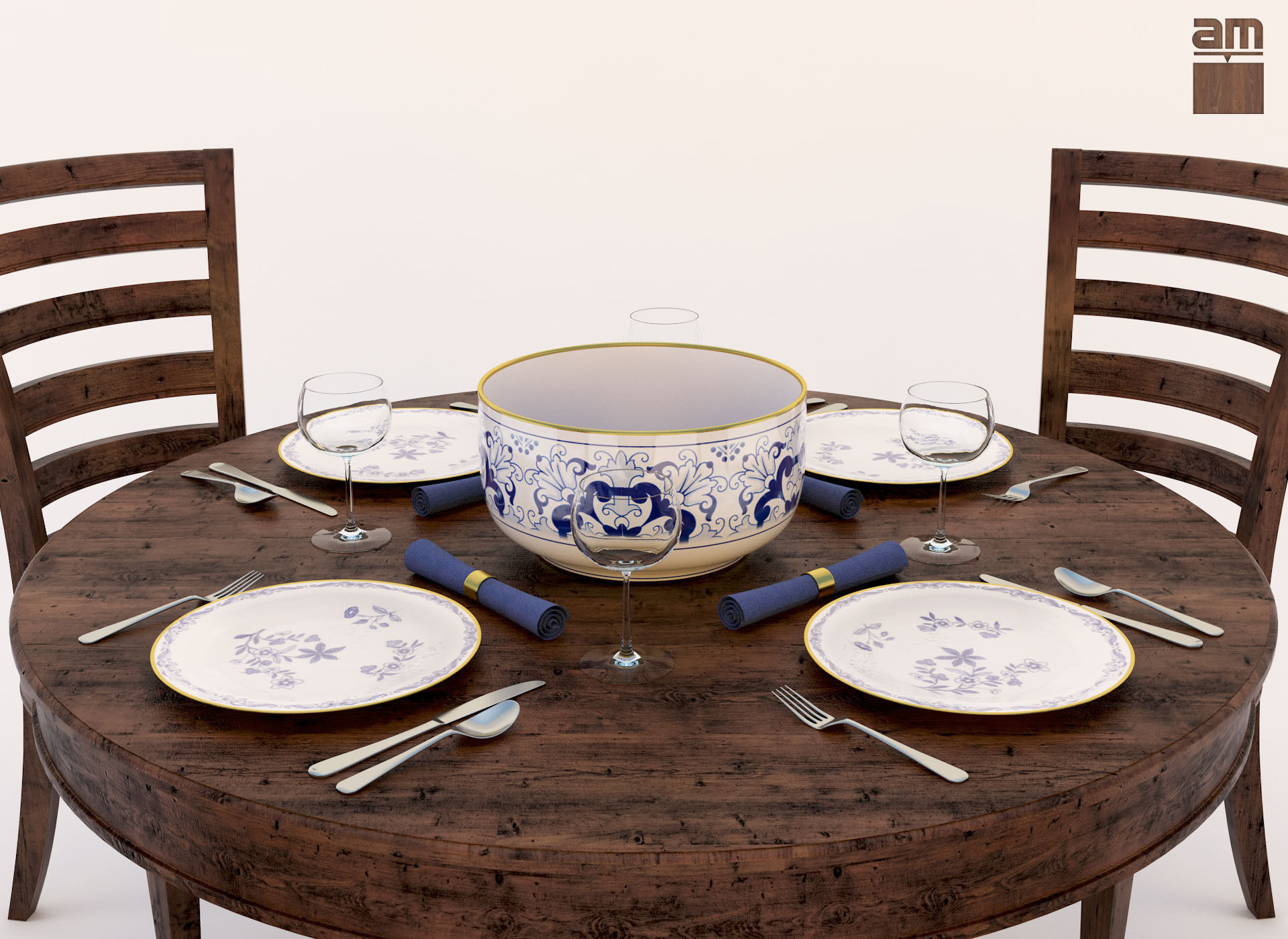 Round Table and Chair Set 3D model_4