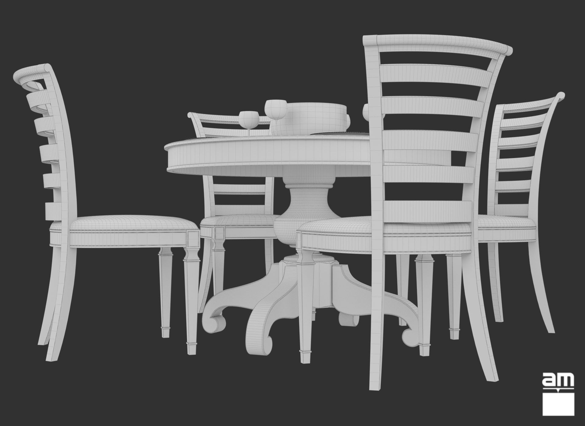 Round Table and Chair Set 3D model_10