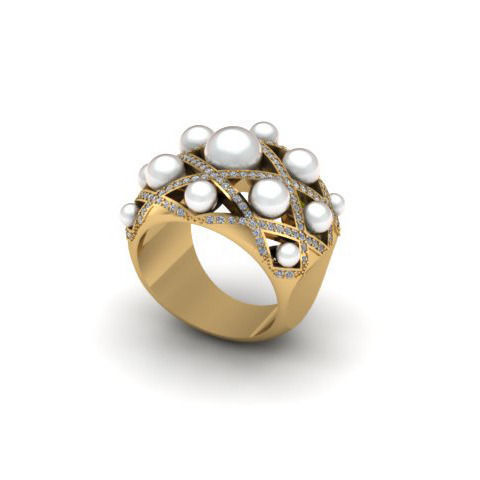 Ring gold with pearls and diamonds 3D print model_1