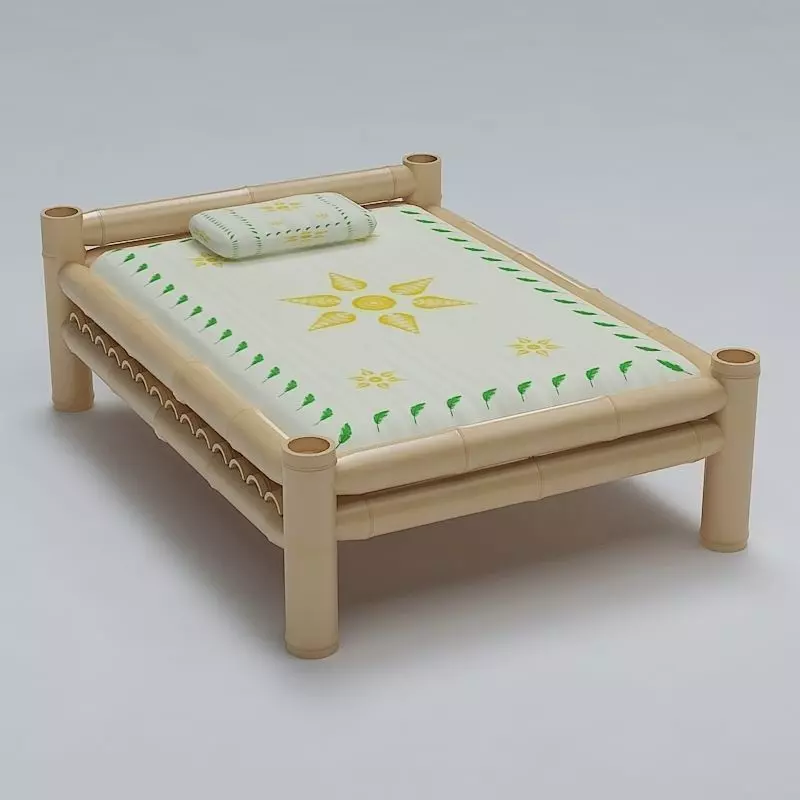 Bed Cot Bamboo 3D model_0