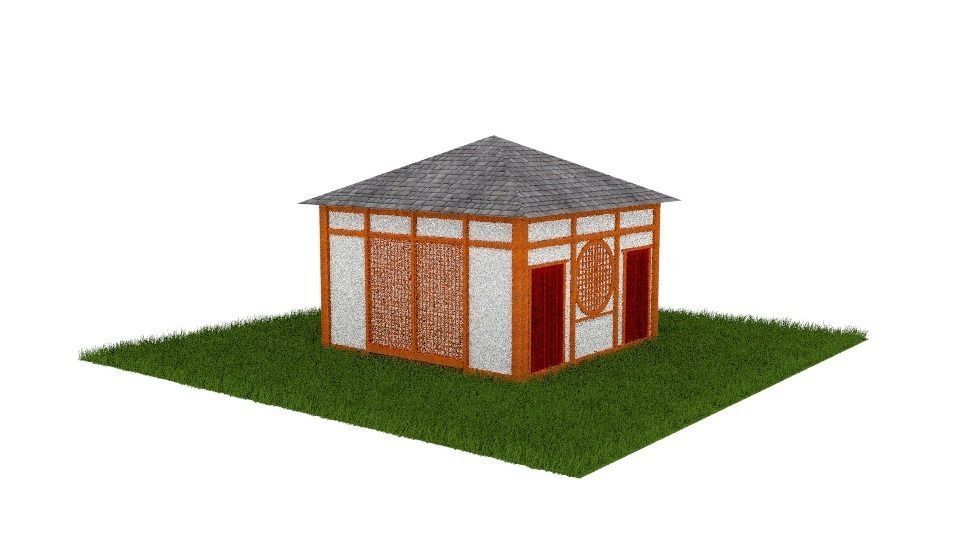 Japanese House with Inside Low-poly 3D model_0