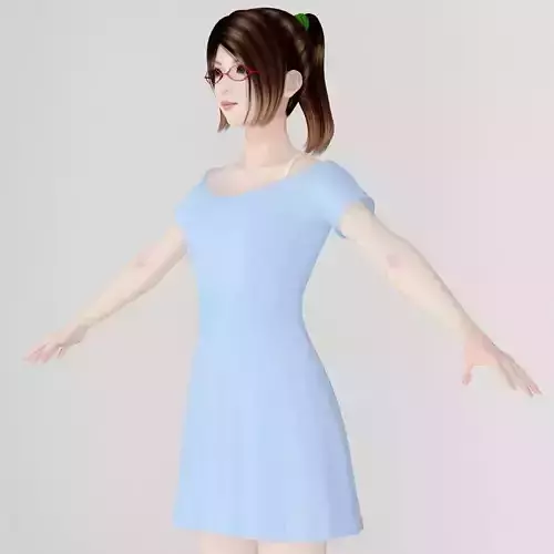 T pose nonrigged model of Natsumi in blue dress 3D model