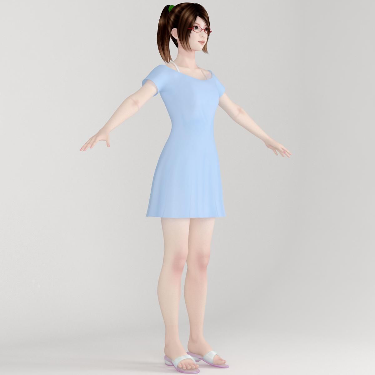 T pose rigged model of Natsumi in blue dress 3D model_7