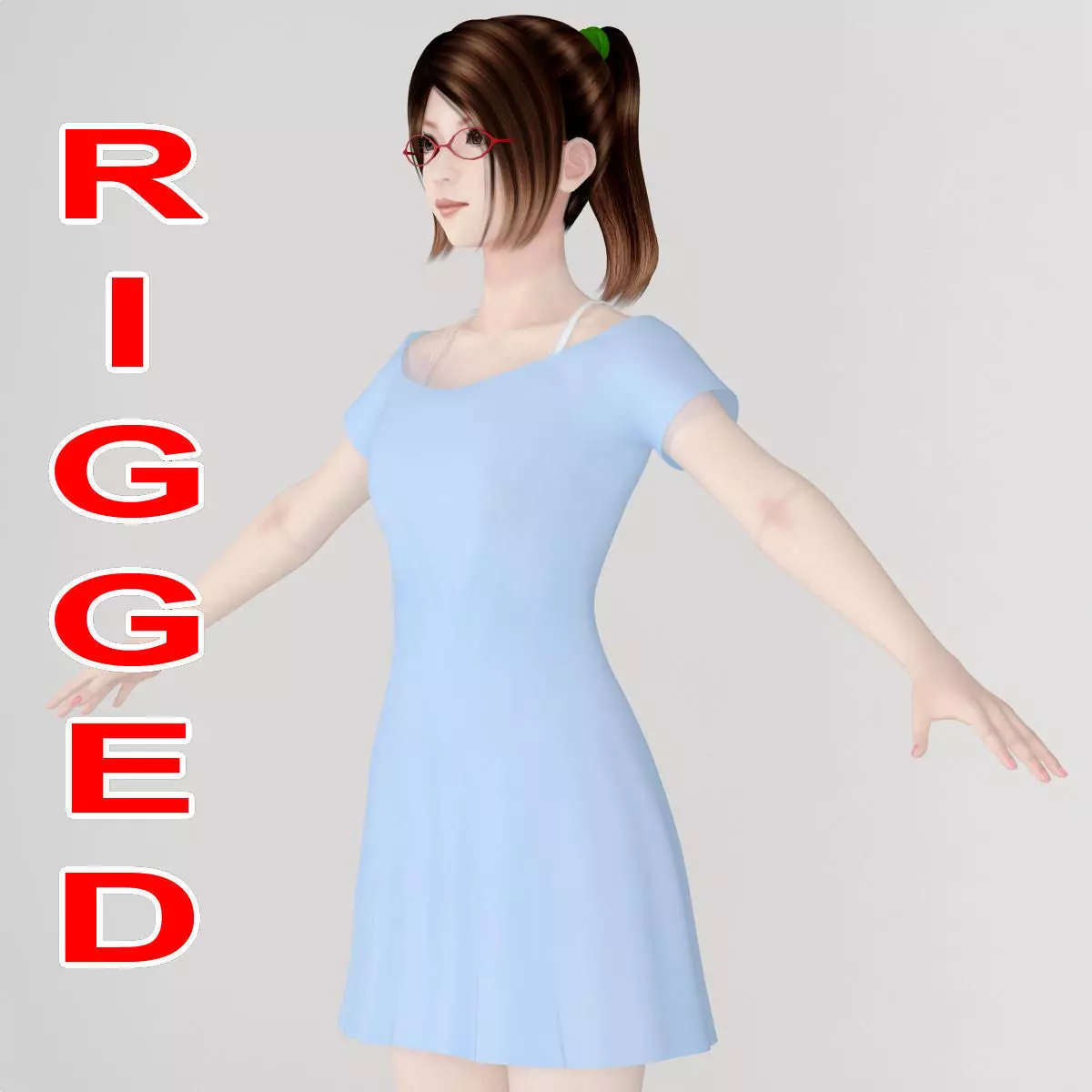 T pose rigged model of Natsumi in blue dress 3D model_0