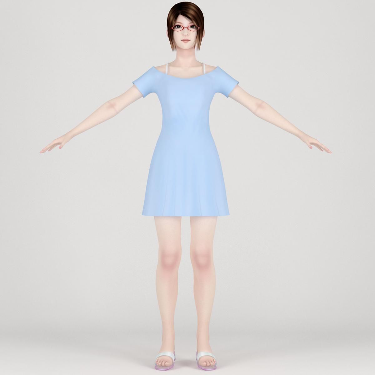T pose rigged model of Natsumi in blue dress 3D model_4