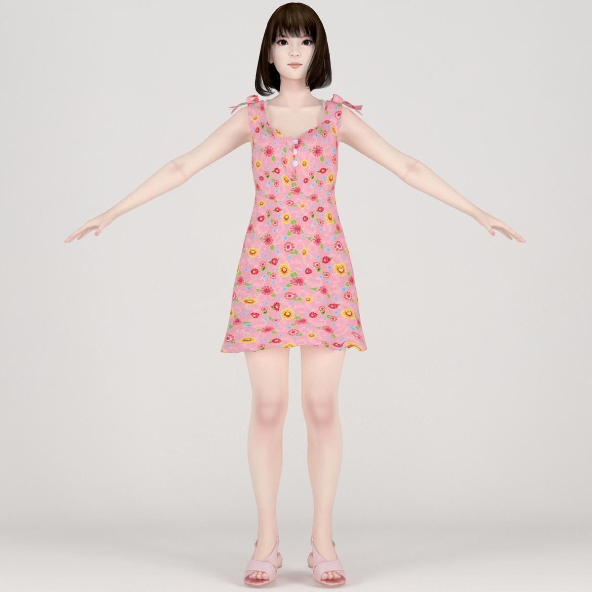 T pose rigged model of Mariko in pink dress 3D model_4
