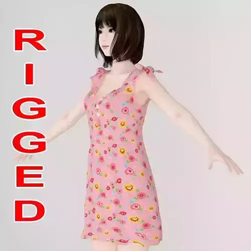 T pose rigged model of Mariko in pink dress  3D model