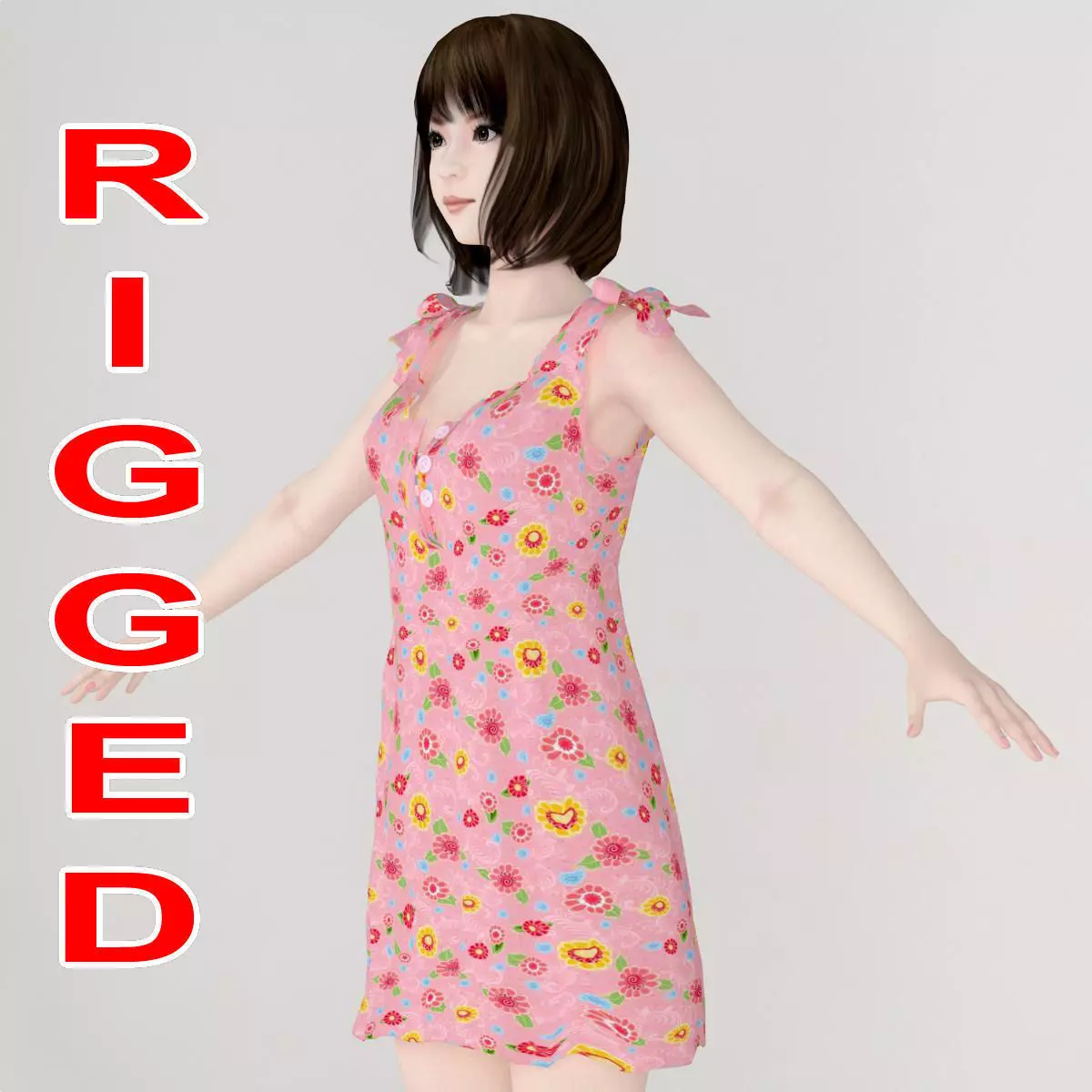 T pose rigged model of Mariko in pink dress 3D model_0