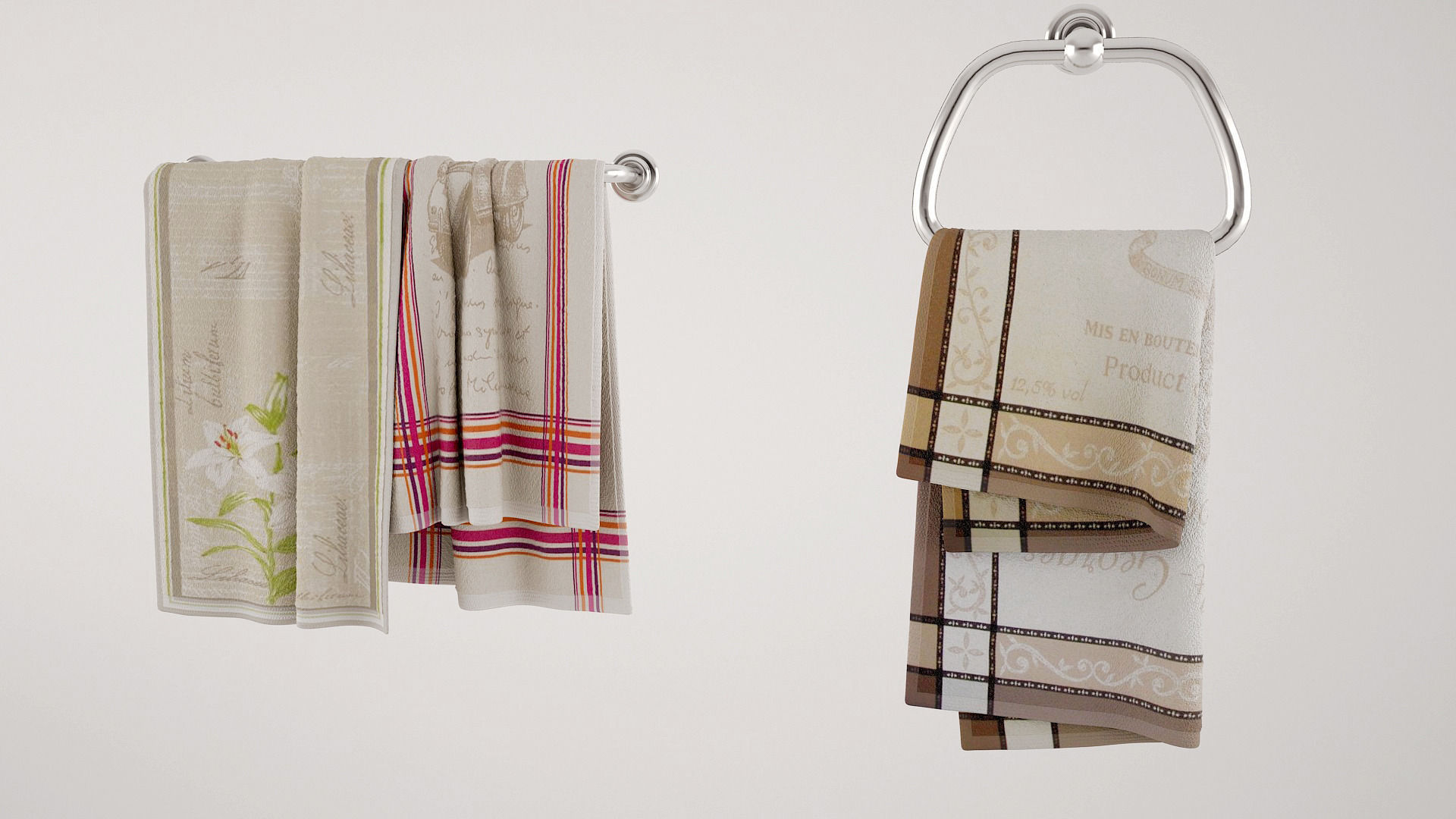 Towels collection two hanging on hook 3D model_3