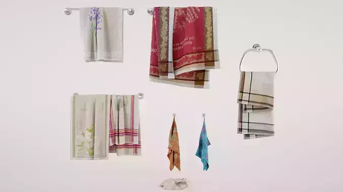 Towels collection two hanging on hook 3D model