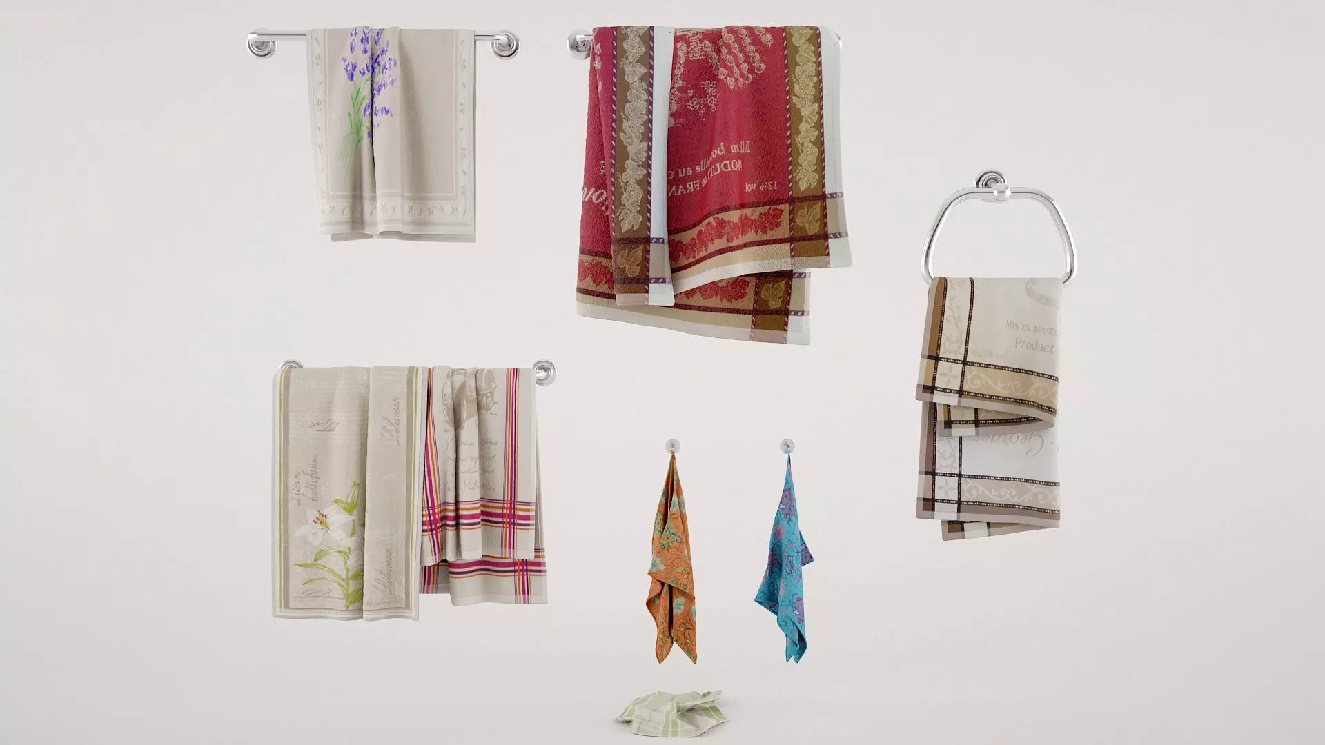 Towels collection two hanging on hook 3D model_0